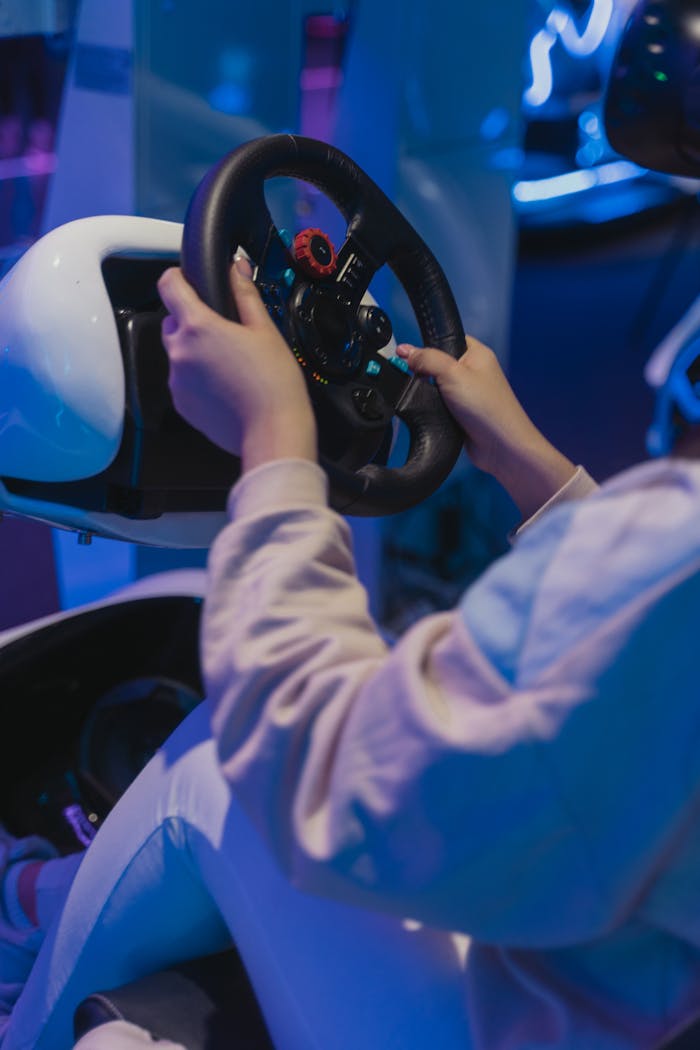 Person Holding a Gaming Steering Wheel